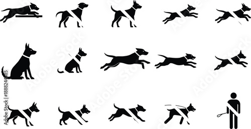 Collection of black vector dog silhouettes with prohibition lines, symbolizing no pets allowed rules, forbidden animal actions, restricted areas, and park regulations