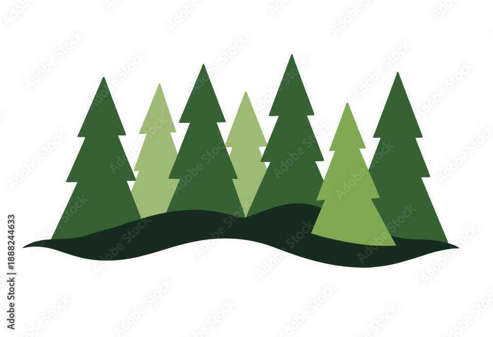 Fototapeta premium Minimalistic Illustration of a Scenic Evergreen Forest with Stylized Geometric Trees in Various Shades of Green and a Wave-Shaped Ground