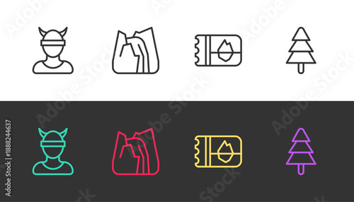 Set line Viking head, Waterfall, Ticket Iceland and Tree on black and white. Vector