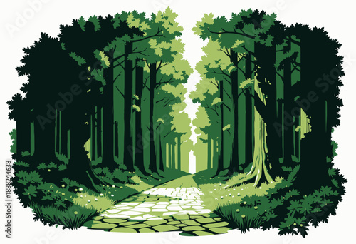 Serene Sunlit Pathway in Lush Green Forest Surrounded by Towering Trees and Dappled Light Illuminating a Stone Trail Through Verdant Wilderness