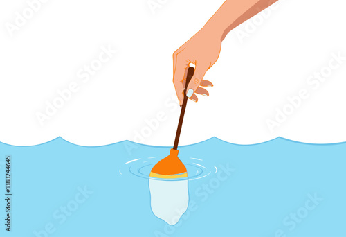 Illustration of a hand gently dipping a brush into a serene body of water, creating ripples in the calm surface, symbolizing creativity and fluid artistic expression