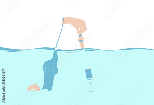 Illustration of a hand testing water quality using a portable device, showcasing the concept of environmental monitoring and purity assessment in aquatic environments