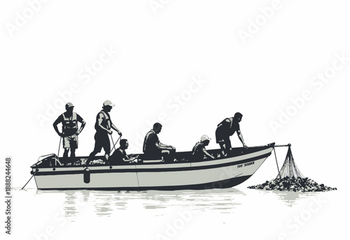Team of Six in Safety Vests Collecting Plastic Waste from Ocean on Blue and White Boat in Clean-Up Effort