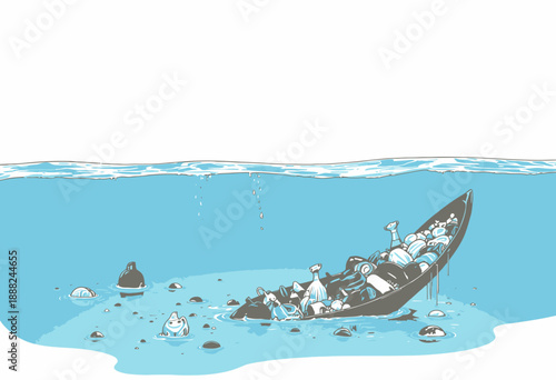 Illustration of a boat in ocean overloaded with plastic waste highlighting environmental pollution and urgency for marine conservation and sustainable practices