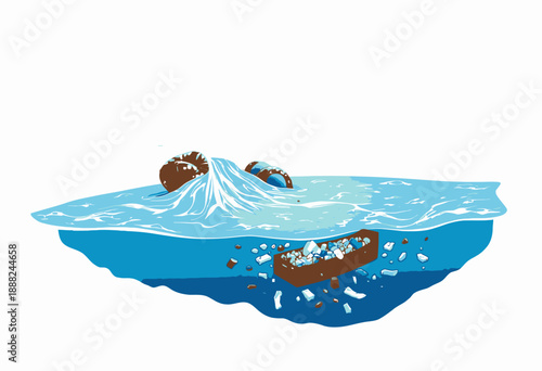 Illustration of a polluted ocean with trash, floating debris, and sunken barrels symbolizing environmental pollution and marine conservation challenges