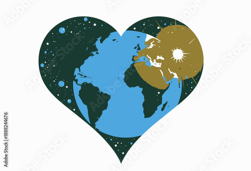 Vibrant Earth in Heart Shape with Radiant Sun Over Starry Background Symbolizing Love and Unity Across the Globe