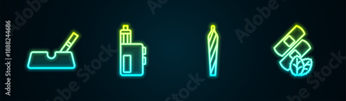 Set line Ashtray with cigarette, Vape mod device, Marijuana joint, spliff and Medical nicotine patches. Glowing neon icon. Vector