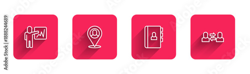 Set line Leader of a team of executives, Worker location, Resume and Exchange work with long shadow. Red square button. Vector