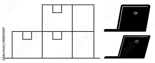 Warehouse management, logistics operations, digital inventory, shipping solutions, e-commerce fulfillment, office work. Stacked boxes with laptops. Warehouse management and logistics concepts