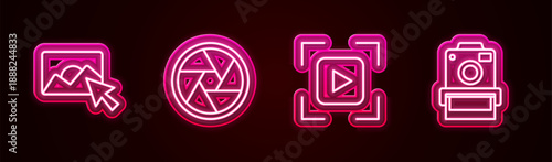 Set line Photo retouching, Camera shutter, focus frame line and camera. Glowing neon icon. Vector