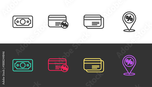 Set line Stacks paper money cash, Discount card with percent, Credit and Location discount on black and white. Vector