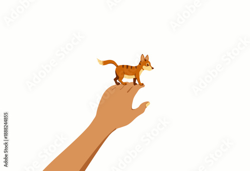 Illustration of a Small Cartoon Dog Standing on an Outstretched Hand Against a Minimalist White Background Showcasing the Concept of Trust and Connection