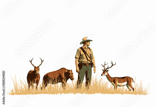 Vigilant Park Ranger Observing a Family of Deer and Wildlife in a Grassy Landscape, Ensuring Their Safety and Harmony in Nature