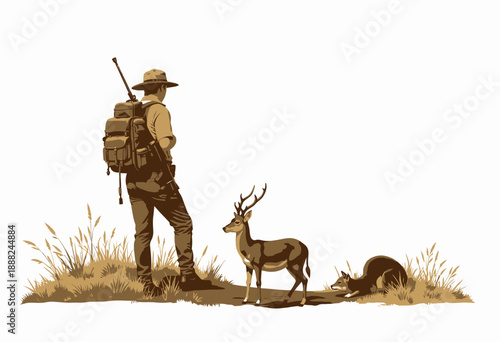 Nature Encounter: Ranger Observing Peaceful Deer in Open Savannah Setting Under Clear Sky