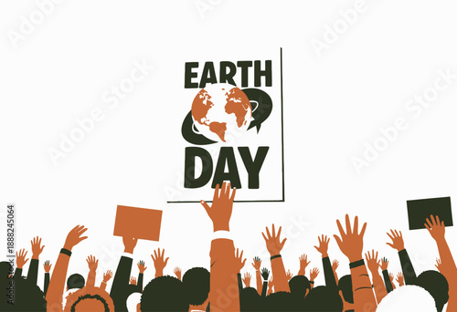 Diverse Crowd Celebrates Earth Day Holding Banner Illustrating Global Unity and Environmental Awareness with Raised Hands in Support of Planet Conservation