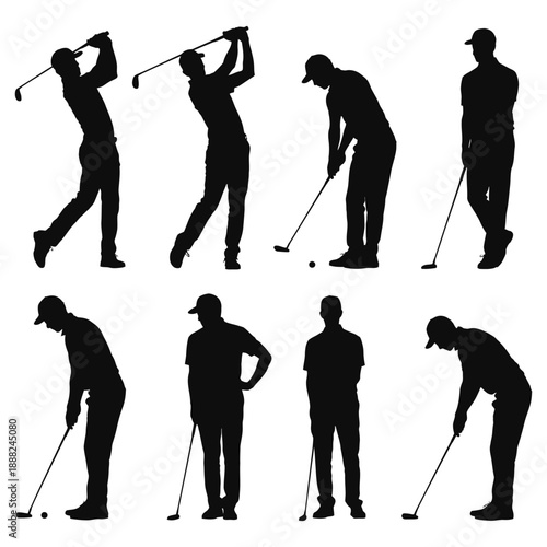 Golf players silhouettes vector illustration with men women swinging and playing golf in black icon style