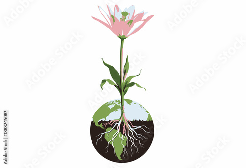 Illustration of a Pink Flower Growing Above a Globe with Visible Roots Underground Connecting to the Concept of Global Nature and Environmental Harmony