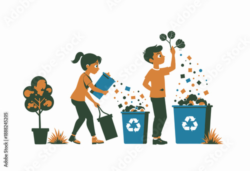 Young boy and girl enthusiastically sorting waste materials into recycling bins, promoting environmental sustainability and responsible waste management practices