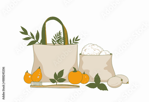 Eco-Friendly Illustration Featuring Sustainable Shopping Bags and Fresh Autumn Produce with Natural Elements