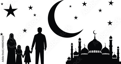 Islamic family and mosque silhouette vector illustration, black and white design with crescent moon and stars