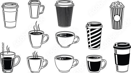 Beverage and snack container vector set, black and white illustrations of coffee cups, mugs, and popcorn bucket