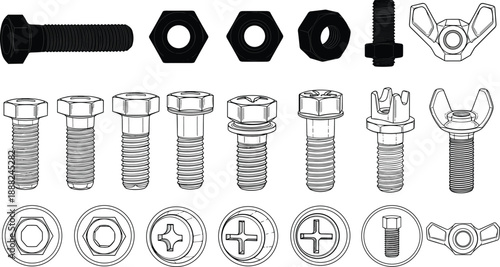 Bolt and screw head vector set, black and white illustrations of nuts, fasteners, and drive types