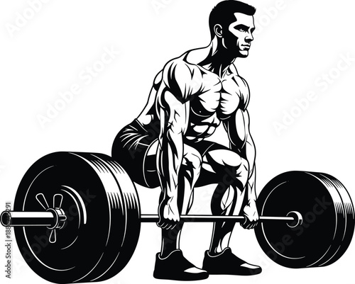 Deadlift exercise vector illustration, black and white design of muscular athlete lifting heavy barbell in squat position