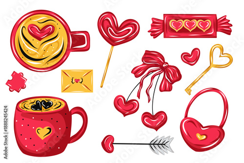 Valentine's Day vector set with cute hearts, coffee cups, candy, envelope, bow, key and love symbols in red and gold colors, hand drawn style for cards, stickers, packaging and romantic designs