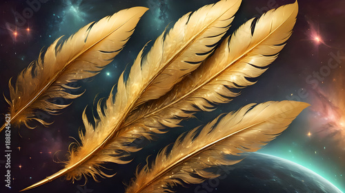 Golden bird feathers. Feathers on a black background.