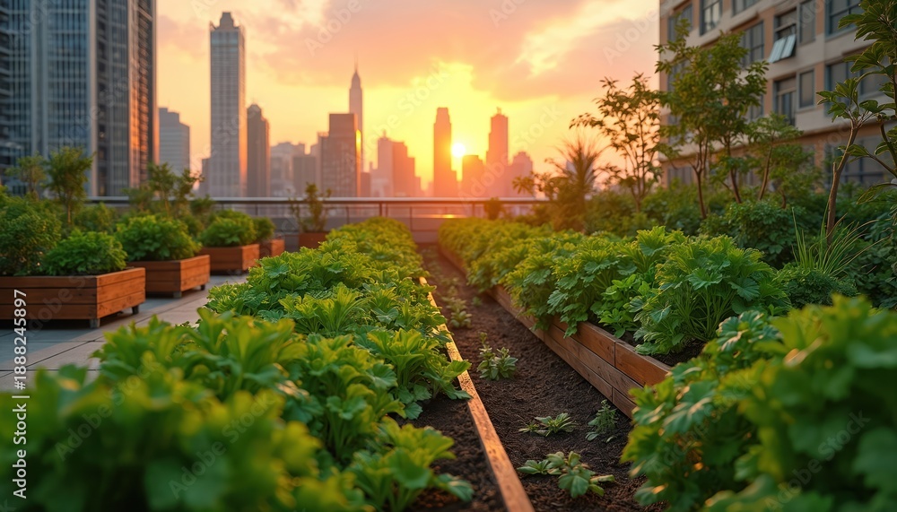 Fototapeta premium Urban rooftop garden with green plants and vegetables. City skyline view at sunset with tall buildings and warm light. Sustainable farming in city.