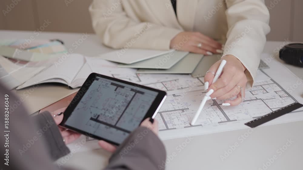 Female architects interior designer reviewing building blueprints and ...