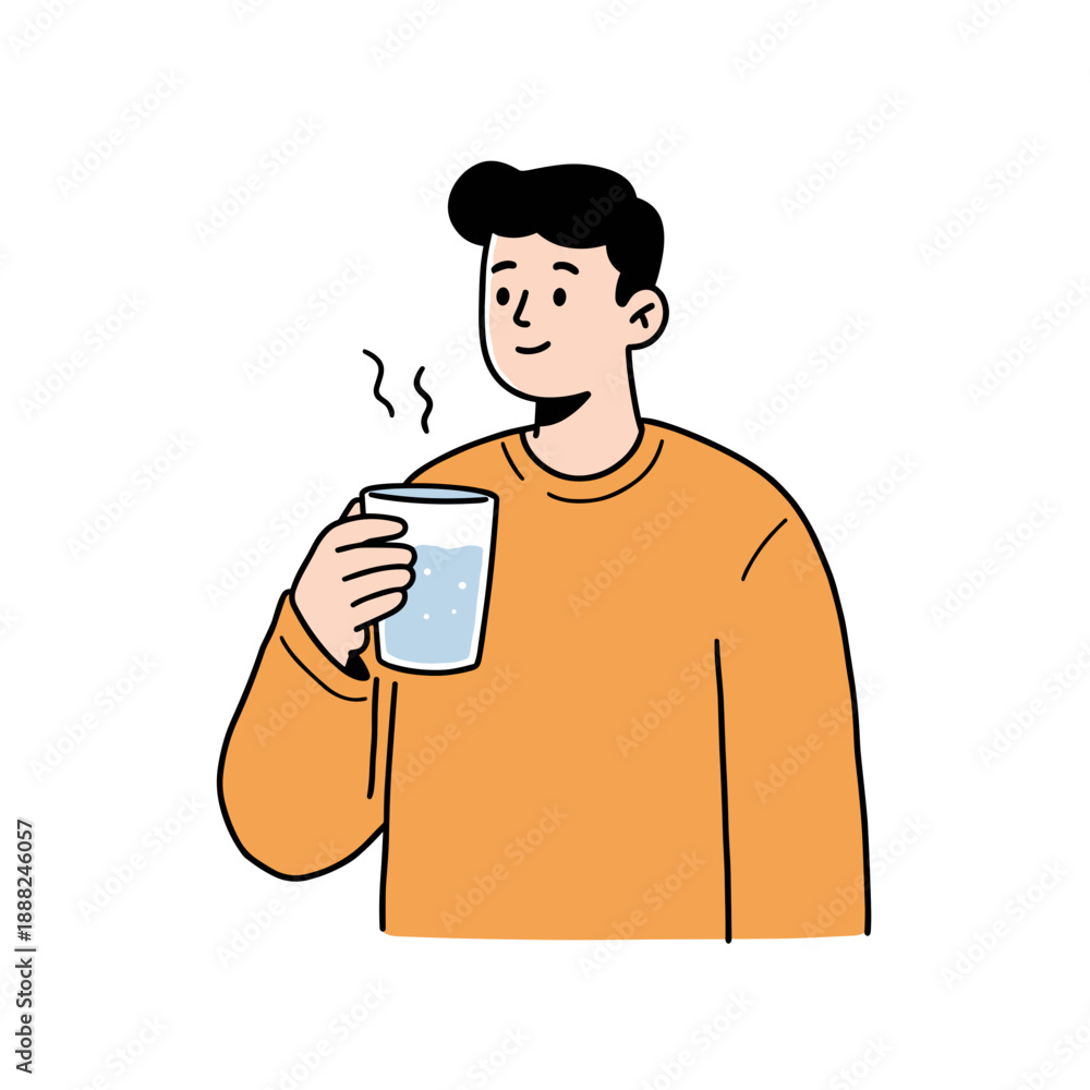 Obraz premium Young man enjoying a warm beverage while smiling in casual setting 