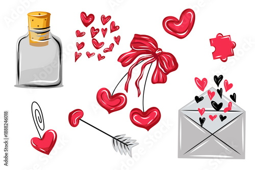 Valentine's Day vector set with hearts, envelope, arrow, bow, bottle and love symbols in red and pink colors. Hand drawn style for cards, stickers, invitations, packaging and romantic designs