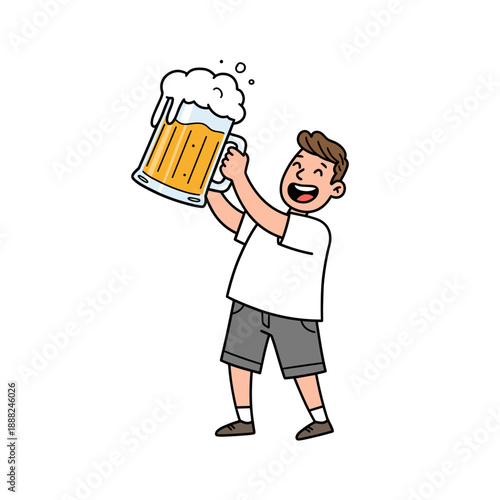 Young man celebrating while holding a pint of beer with joy  