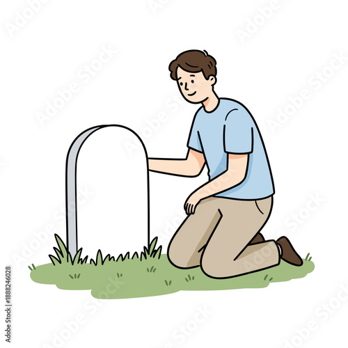Young man kneeling by a gravestone in a grassy cemetery  