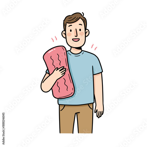 Young man holding a heating pad and smiling with a relaxed expression    