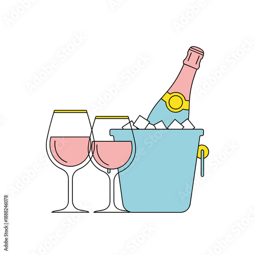 Champagne bottle with glasses in ice bucket on white background  