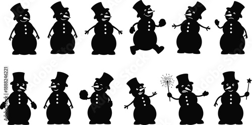 Snowman vector icon set, black silhouette illustrations with expressive poses, winter accessories, and festive actions