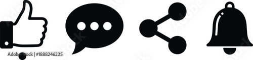 Social media UI icon vector set, black and white symbols for like, comment, share, and notification