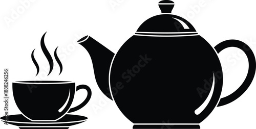Teapot and teacup vector illustration, black and white silhouette of hot beverage with steam and saucer