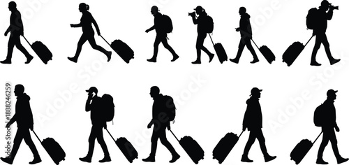 Traveler silhouette vector set, black and white illustrations of people walking with suitcases and backpacks