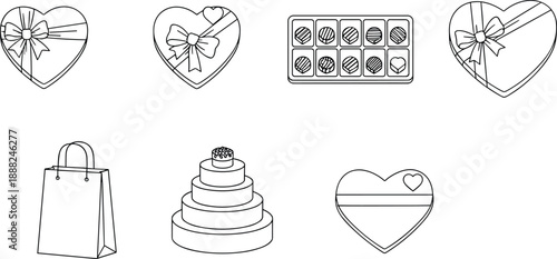 Valentine’s Day vector icon set, black and white illustrations of heart boxes, chocolates, cake, and gift bag