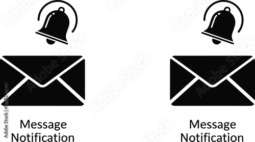 Message notification icon vector set, black and white envelope and bell symbols for alert and communication interface