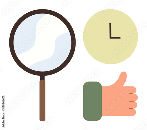 Search, time tracking, task completion, workflow analysis, productivity, success. A magnifying glass, a clock and a thumbs up. Search and time tracking in a minimalist style