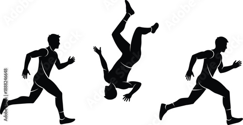Set of athletic male silhouettes, vector illustration showing running man and backflip parkour jump, isolated on white background for sports design.