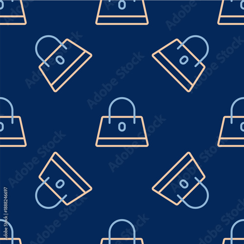 Line Handbag icon isolated seamless pattern on blue background. Female handbag sign. Glamour casual baggage symbol. Vector