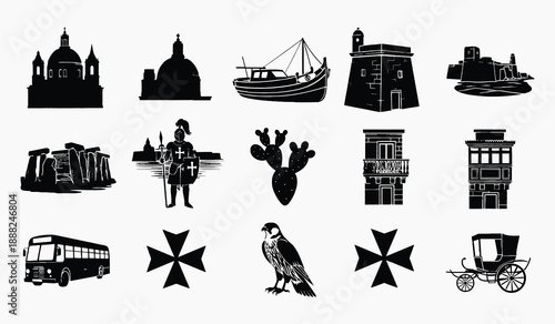 Collection of black silhouette icons depicting landmarks transport and cultural symbols