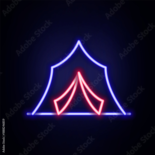 Glowing neon line Circus tent icon isolated on brick wall background. Carnival camping tent. Amusement park. Colorful outline concept. Vector