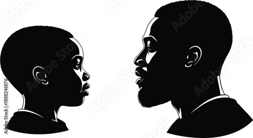 Black and white silhouettes of a father and son face to face, profile view of African American man and boy, parenting and family bond vector illustration