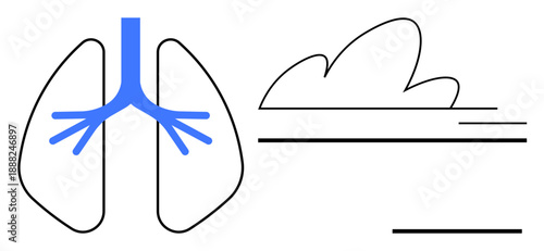 Respiratory health, air quality, environment, pollution, breathing, clean air. Simplified lungs with branching structure next to a cloud. Respiratory health and air quality concept